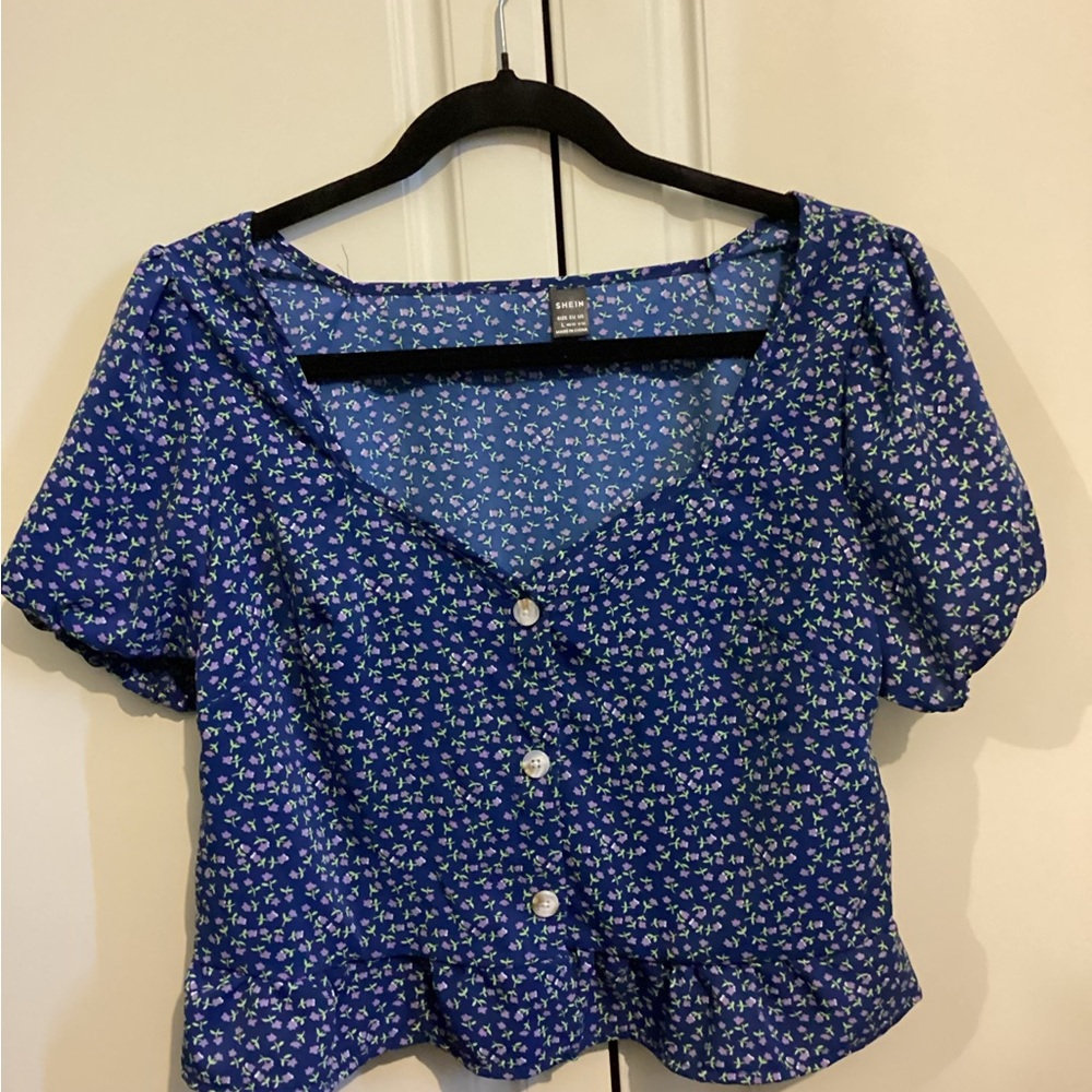 SHEIN Blue Crop Blouse Short Sleeve Buttoned